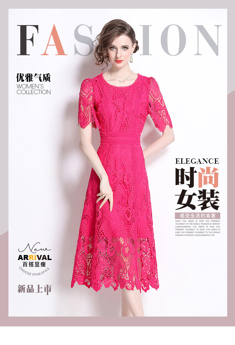 Original design temperament short sleeved skirt slim fit waist cinching heavy industry water-soluble lace dress for women