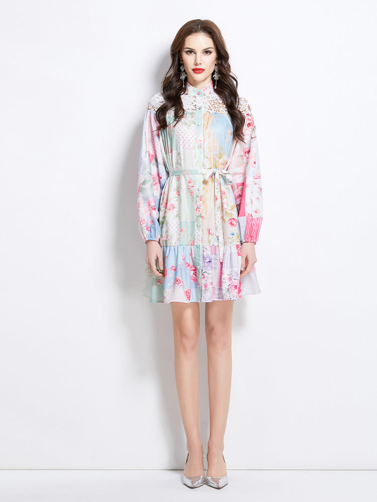 Original design for spring and summer vacation new style contrasting lace patchwork short dress