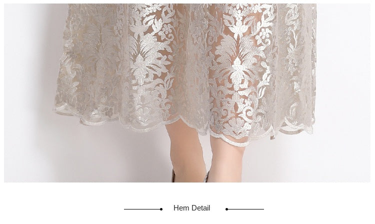 Original design mesh embroidered long dress with pockets, V-neck slim fit dress and belt