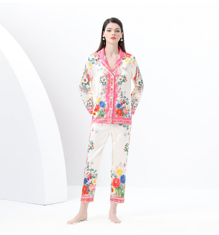 Original design: Spring, Summer, Autumn, Casual Trim, Pajama Set, Suit Collar, Long Sleeves, Long Pants, Printed Two-Piece Set