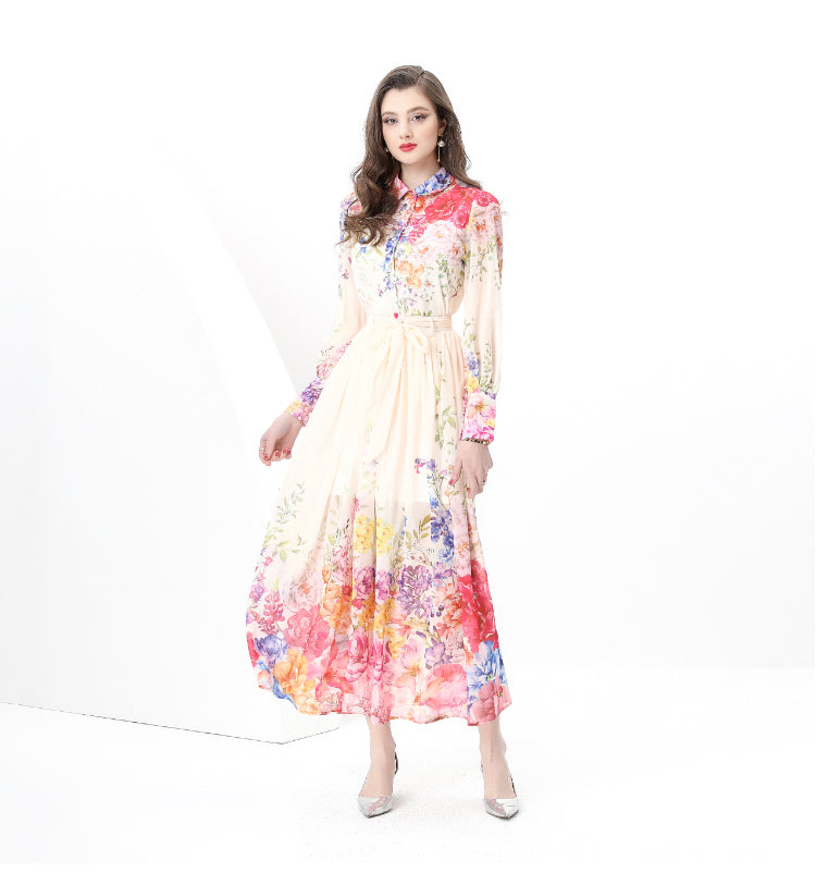 Original design: Spring, autumn and summer retro style balloon sleeve wavy edge long printed dress