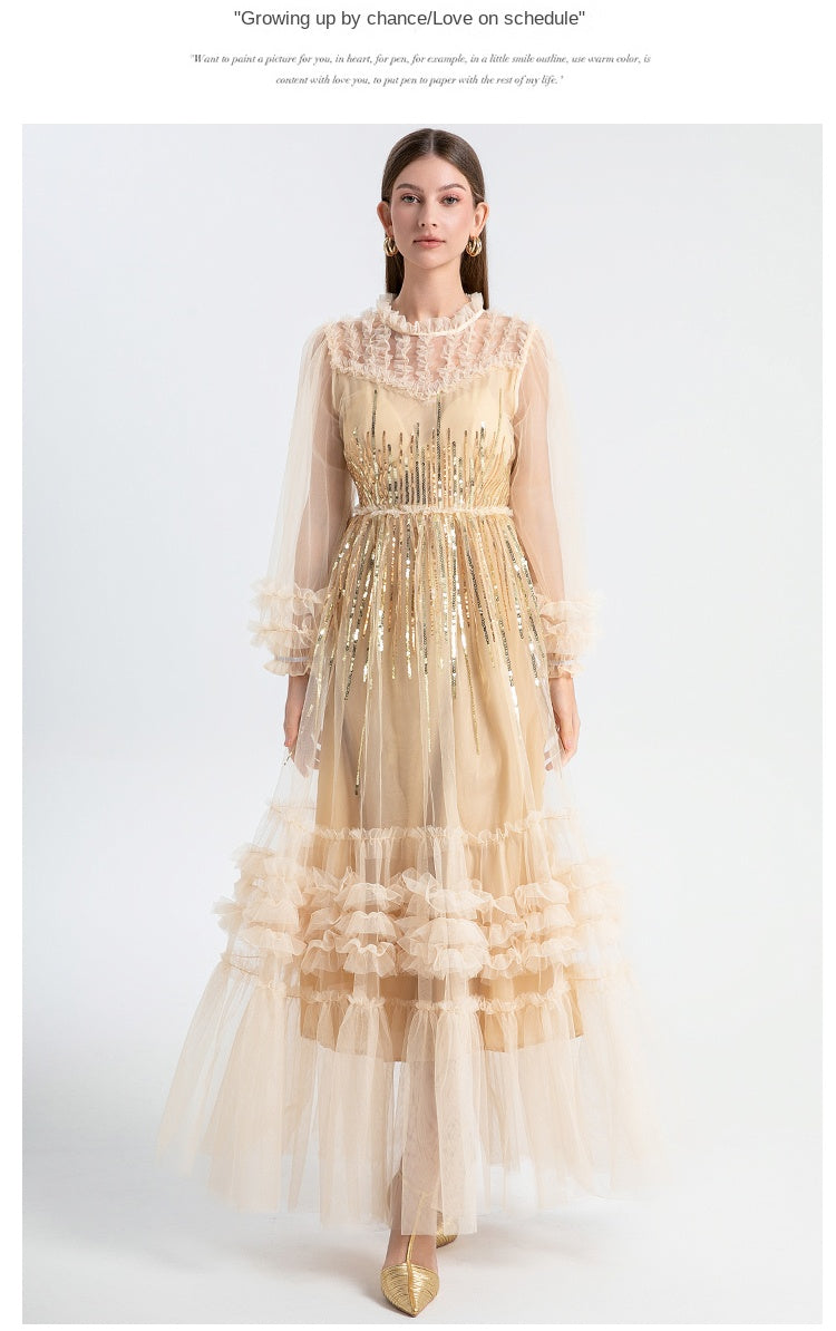 Meizhonggong embroidered sequins mesh stitching fungus edge temperament dress dress