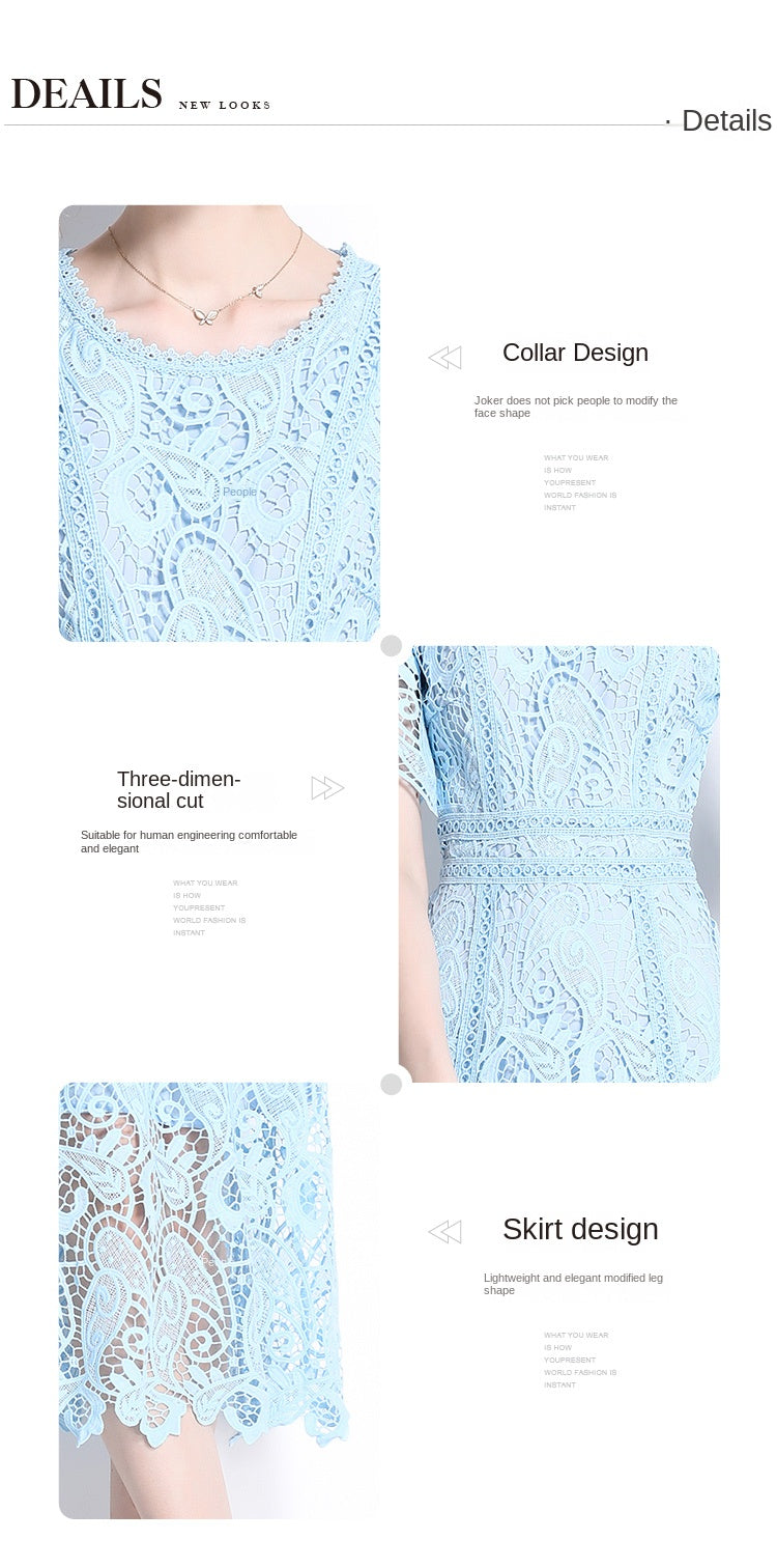 Original design temperament short sleeved skirt slim fit waist cinching heavy industry water-soluble lace dress for women