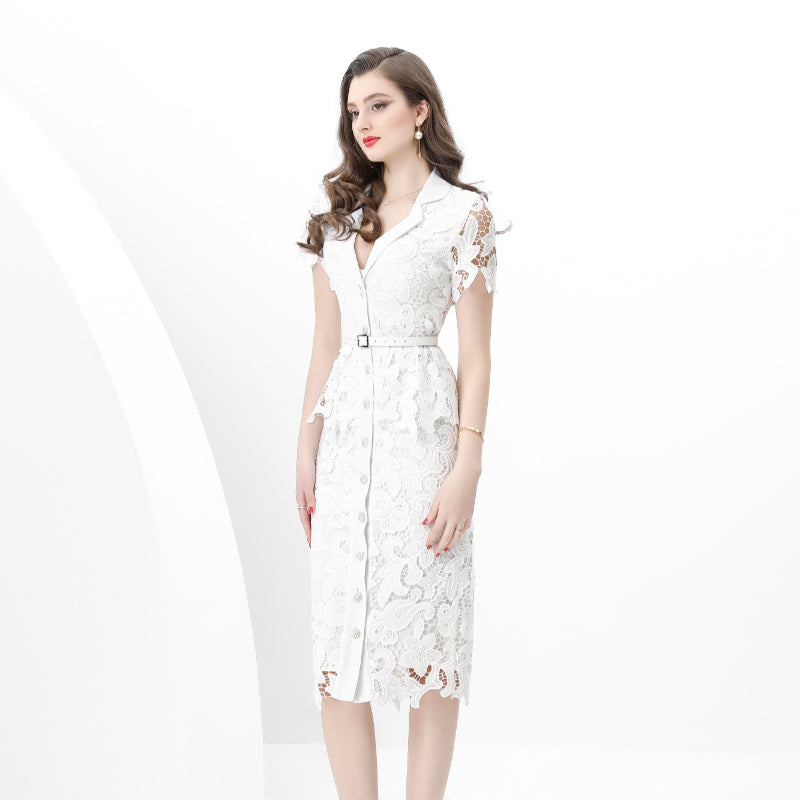 Original design for spring and summer suit collar, short sleeved, single breasted, lace waist wrapped, mid length dress