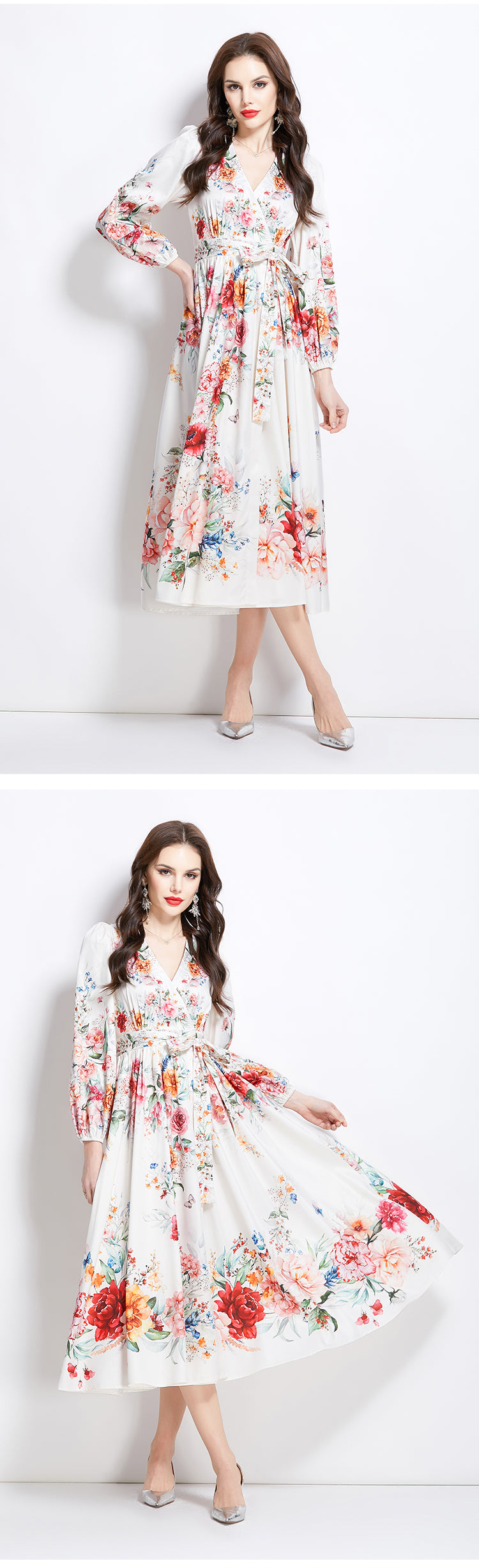 Original Design Spring/Summer Oil Painting Flower Pattern Wrapped Mid length Dress