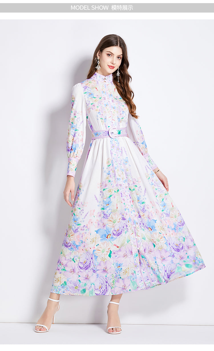 Original Design Spring/Summer Autumn Vacation New Flower Oil Painting Style Stand up Collar Long Dress