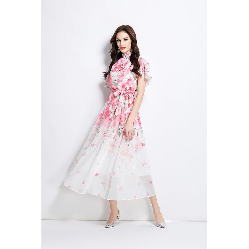 Original design for spring and summer small flying sleeves, ruffled edges, floral patterns, colorful waist cinched stand up collar dress