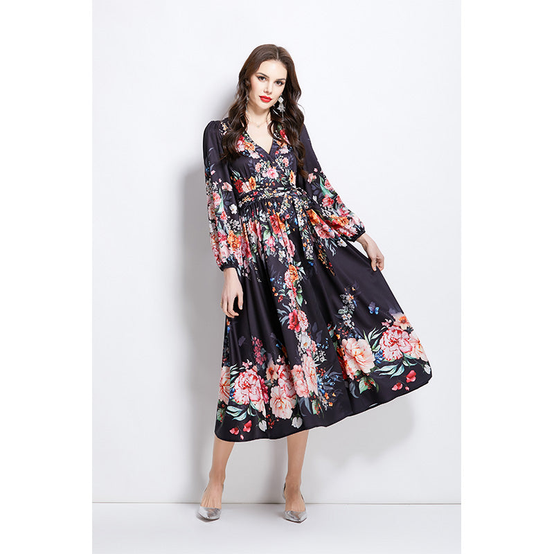 Original Design Spring/Summer Oil Painting Flower Pattern Wrapped Mid length Dress