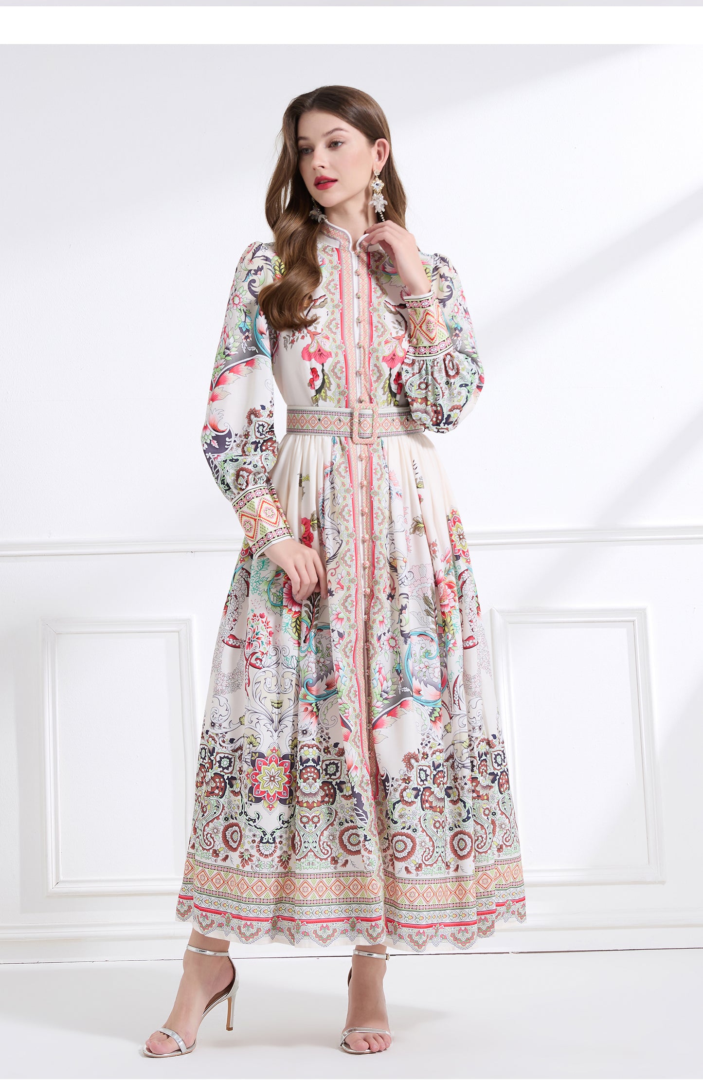 Original design - Spring, Summer, Autumn court style stand collar vintage print balloon sleeve ruffled maxi dress