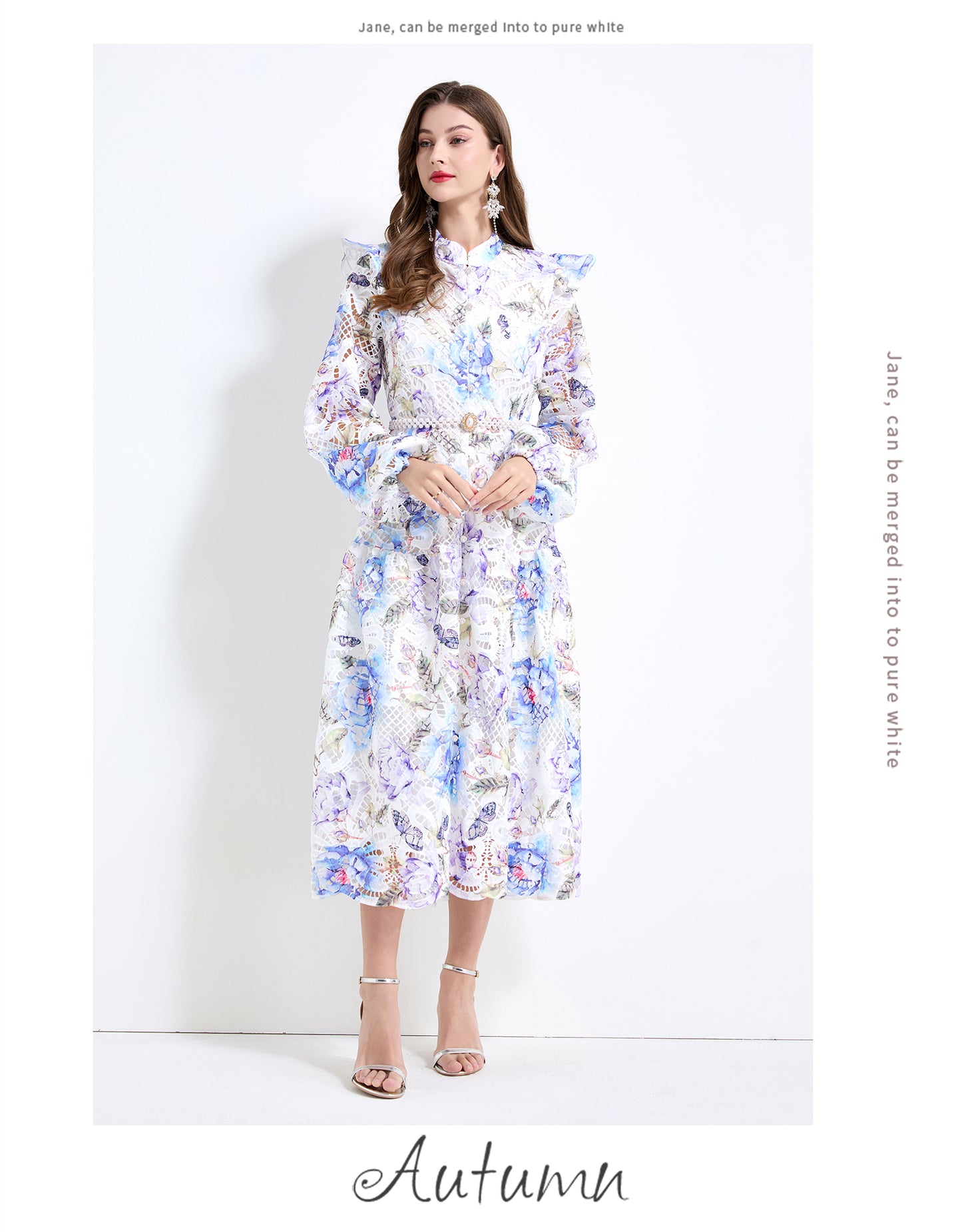 Original design - Spring/Summer vintage stand collar floral print heavy industry water-soluble long waist lace dress