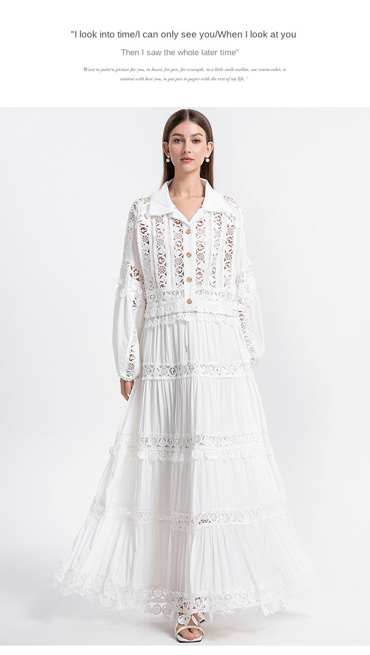 Meizhonggong boutique cut-out lapel lace stitched pendant lace maxi skirt set