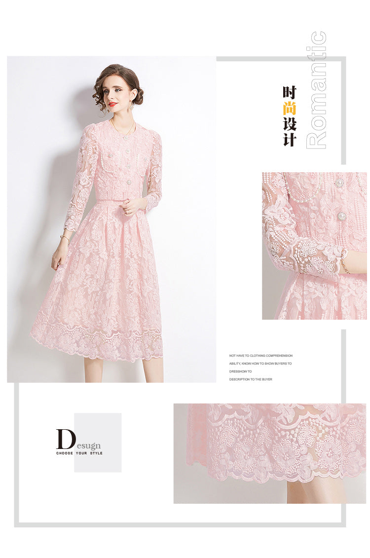 Original design for spring and summer long sleeved small fragrance style set light luxury temperament water-soluble lace skirt two-piece set
