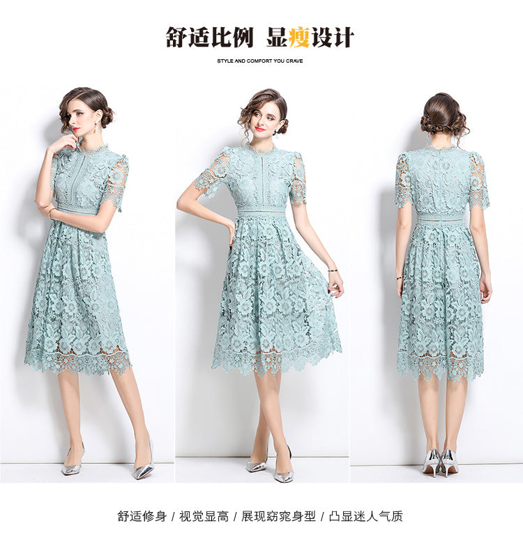 Original design short sleeved slimming hollow out water-soluble lace positioning mid length dress