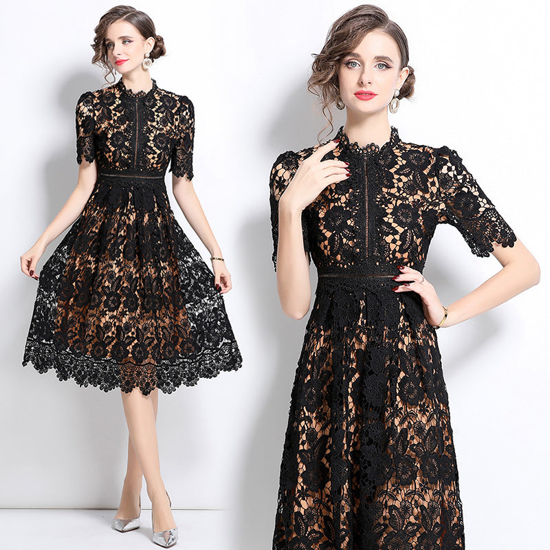 Original design short sleeved slimming hollow out water-soluble lace positioning mid length dress