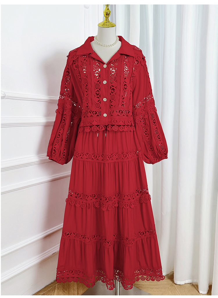 Meizhonggong boutique cut-out lapel lace stitched pendant lace maxi skirt set