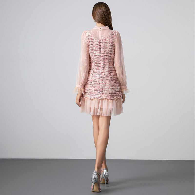 Original design: spring, summer, autumn, art lace stitching, colored tweed, small fragrance, big bow, ostrich feather dress