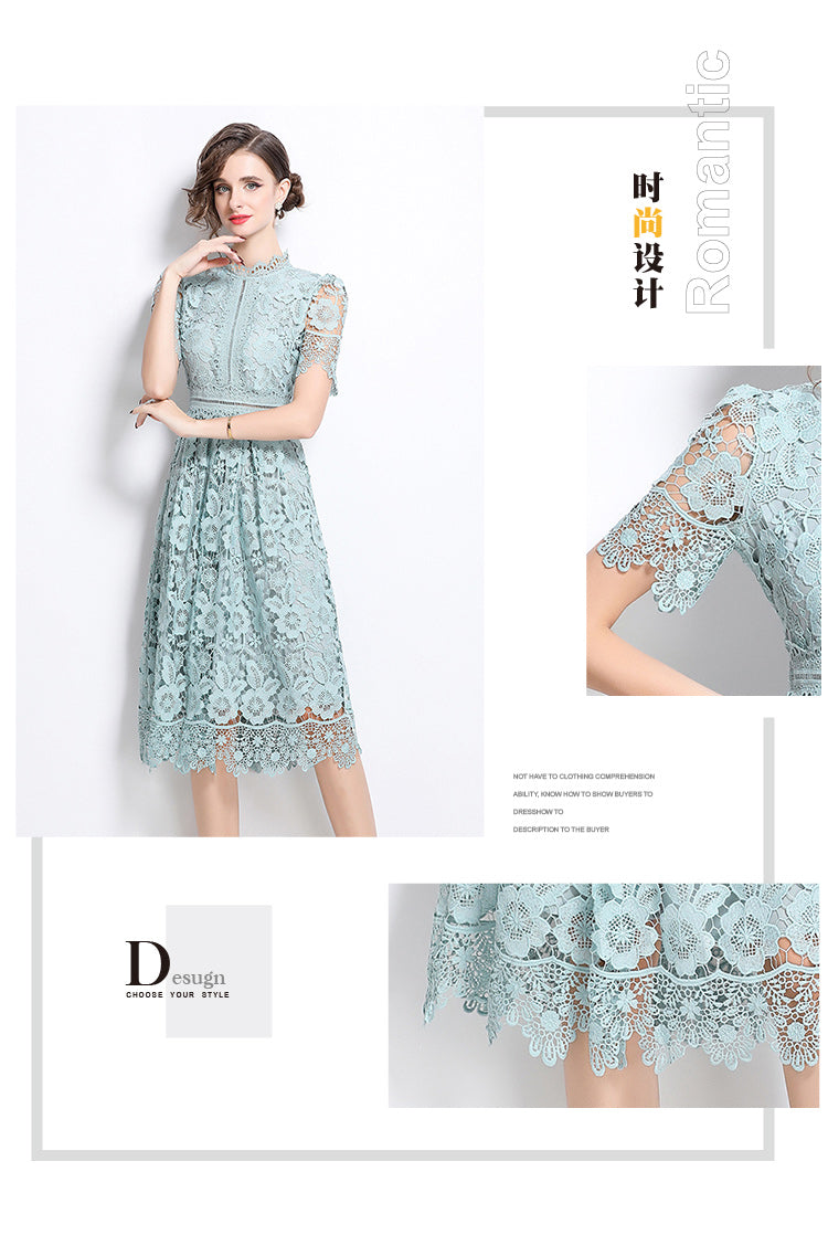 Original design short sleeved slimming hollow out water-soluble lace positioning mid length dress