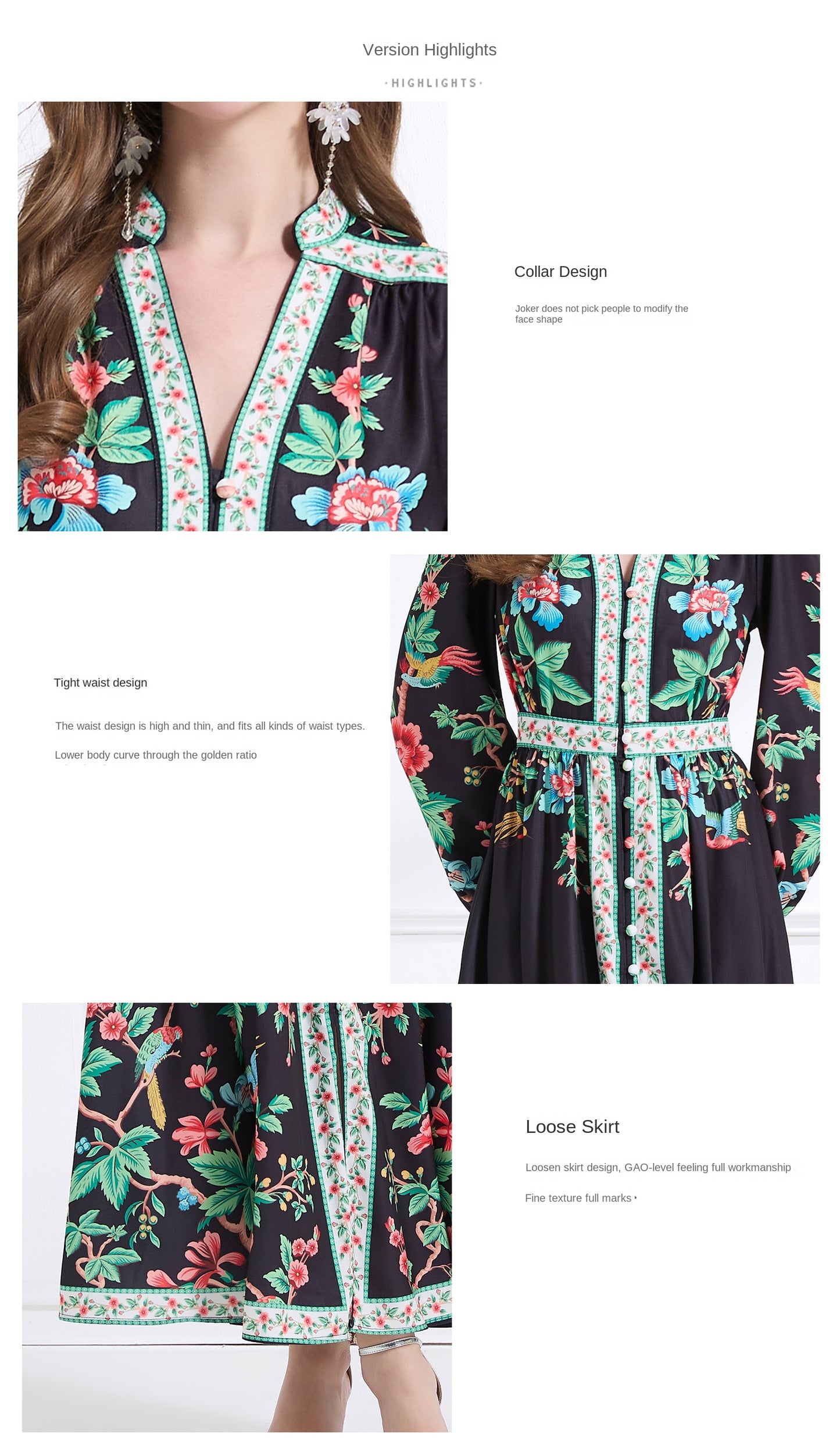 Original design Spring/summer resort-style V-neck, linen, floral, printed, balloon-sleeved, waist-cinching, ruffled maxi skirt