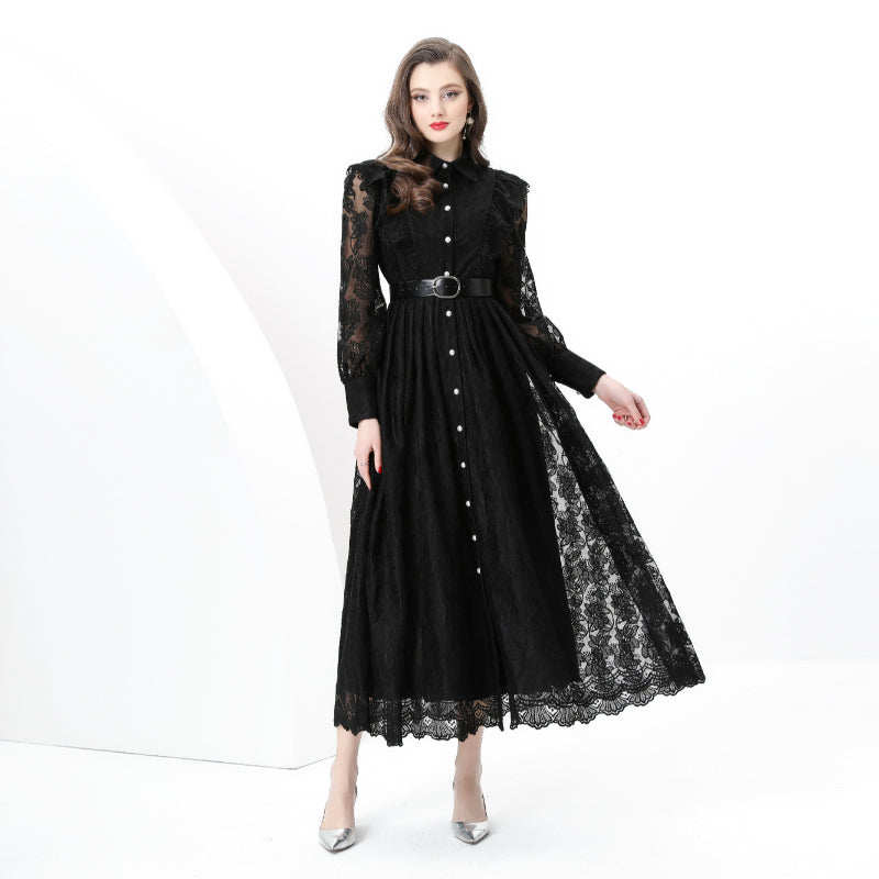 Original design: spring, summer, autumn resort, lapel, embroidered lace, balloon sleeve lace, long vintage dress