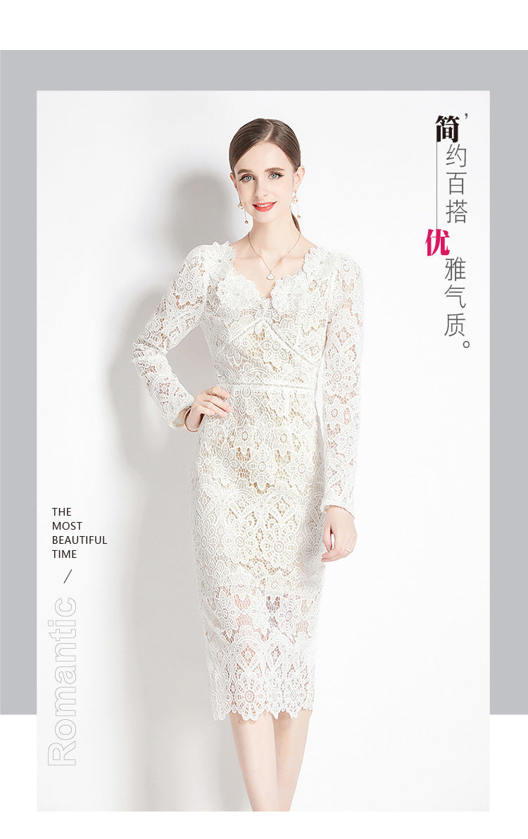 Original design for spring and summer water-soluble lace V-neck slim fit mid length dress for women