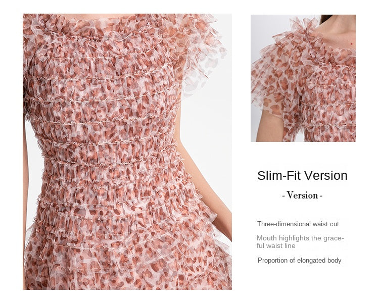 Beautiful French leopard print puff sleeve one-shoulder mesh temperament dress