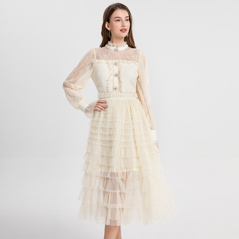 Women's clothing heavy art, coarse tweed splicing mesh cake skirt