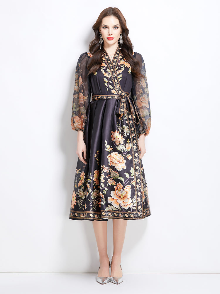 Original design for spring and summer V-neck ethnic style printed satin wrapped long length dress