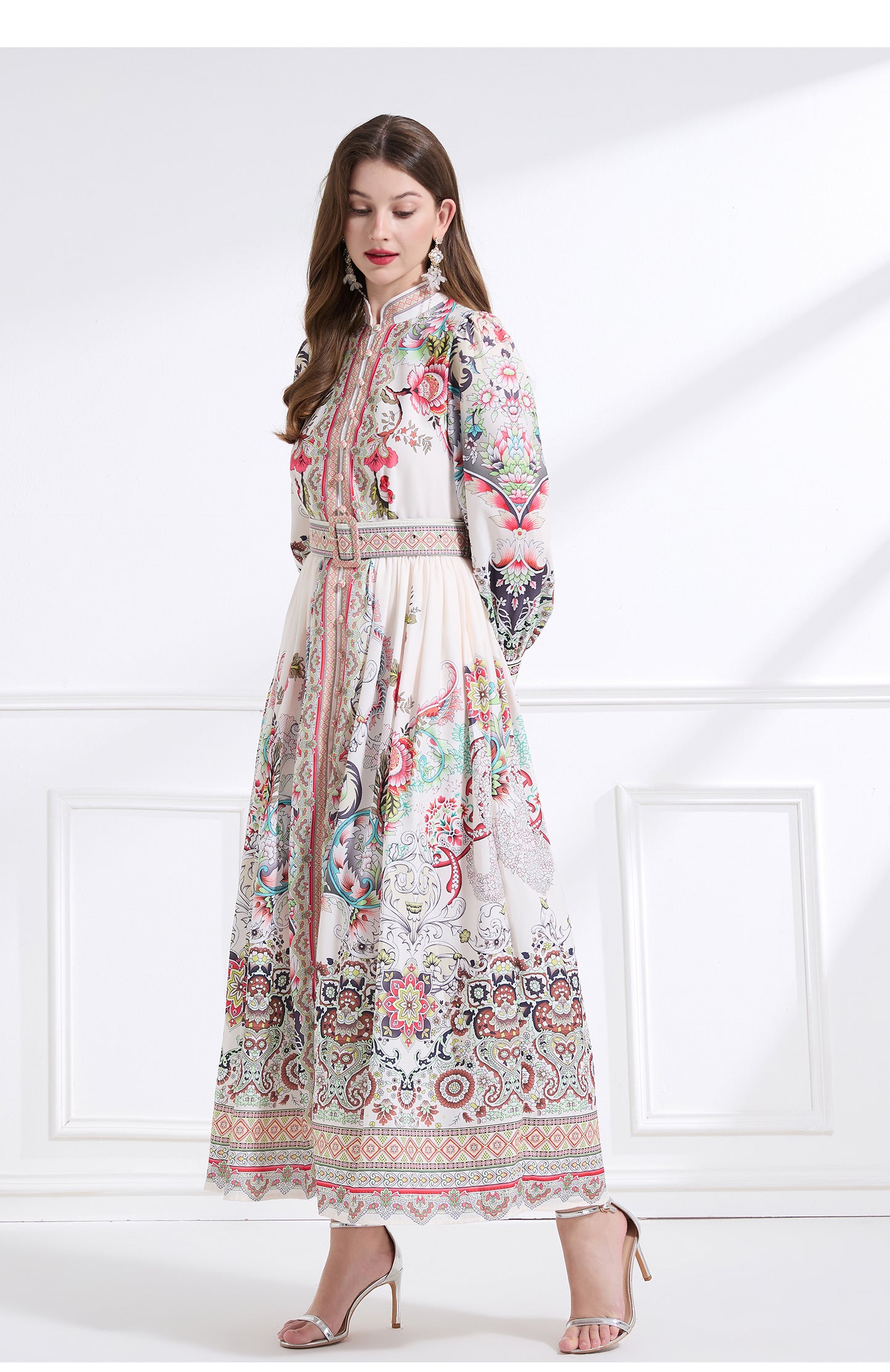 Original design - Spring, Summer, Autumn court style stand collar vintage print balloon sleeve ruffled maxi dress