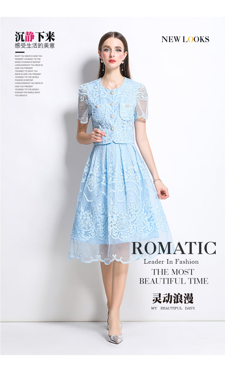 Original design for spring and summer small fragrance style set light luxury and high-end water-soluble lace skirt two-piece set
