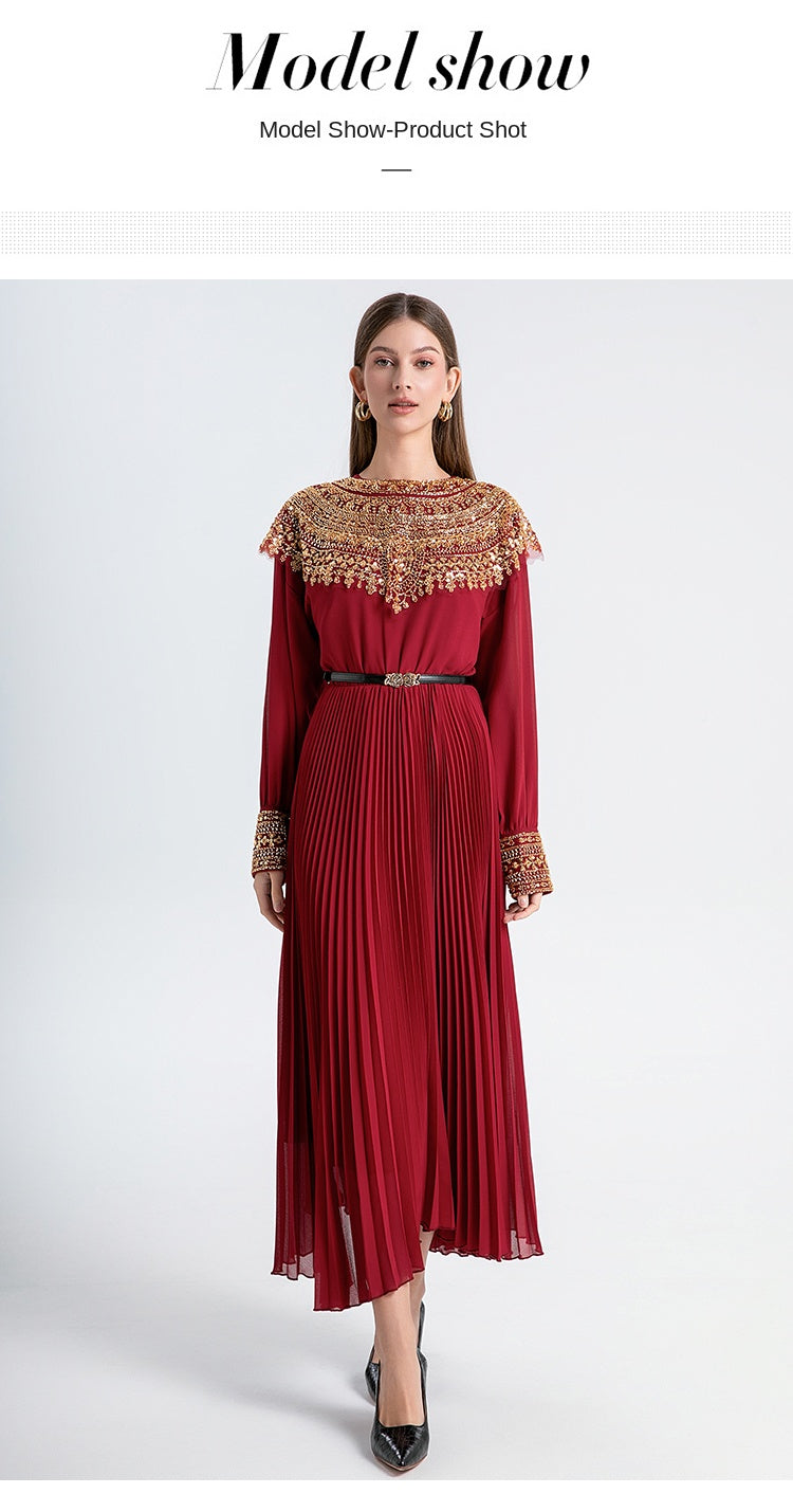 Original design premium pleated belt with gold beaded sequins draped over a chiffon pleated jumpsuit