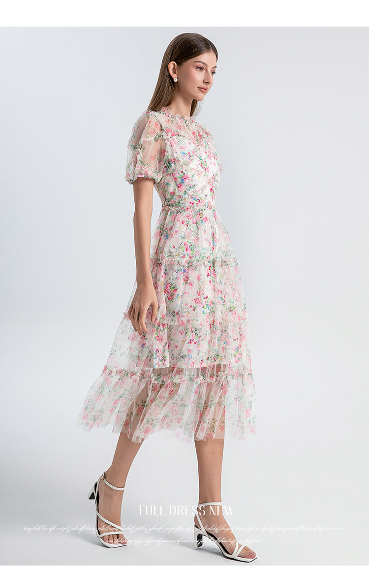 Original design heavy industry nail drill small floral French boutique mesh summer sweet dress