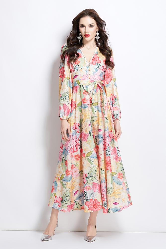 Original Design Spring/Summer Watercolor Flower Long Sleeve Retro Long Dress