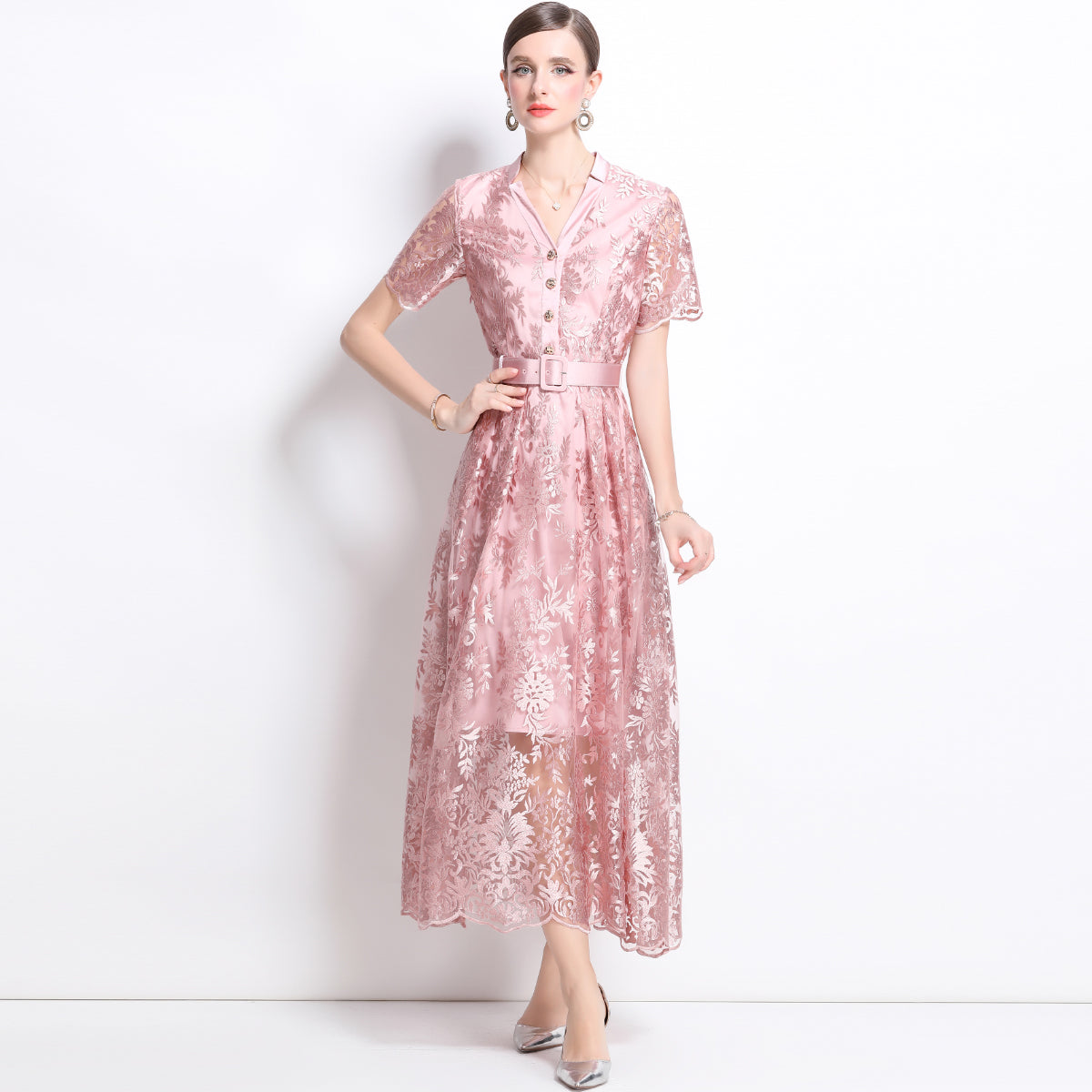 Original design mesh embroidered long dress with pockets, V-neck slim fit dress and belt