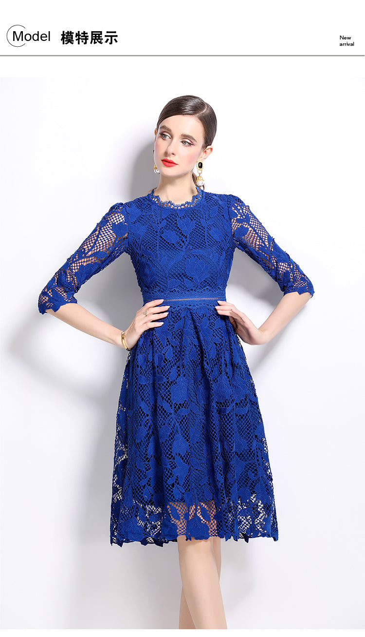 Original design mid long sleeved fashionable slimming hollow out water-soluble lace positioning mid length dress