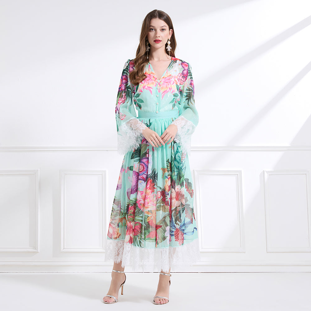 Original design: resort-style V-neck lace print suit, waist-cinching ruffled maxi dress