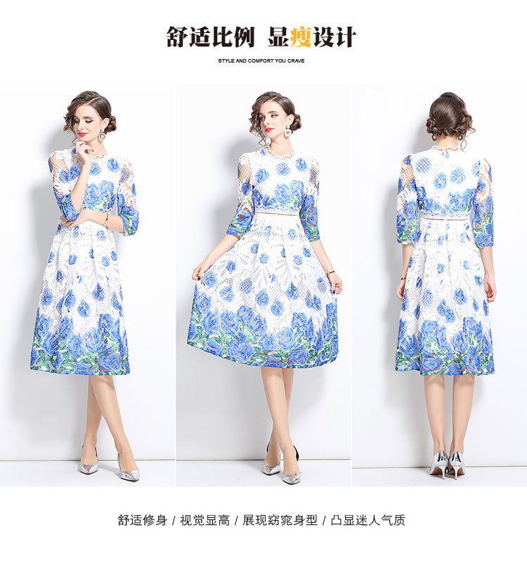 Original design mid long sleeved fashionable slimming hollow out water-soluble lace positioning mid length dress