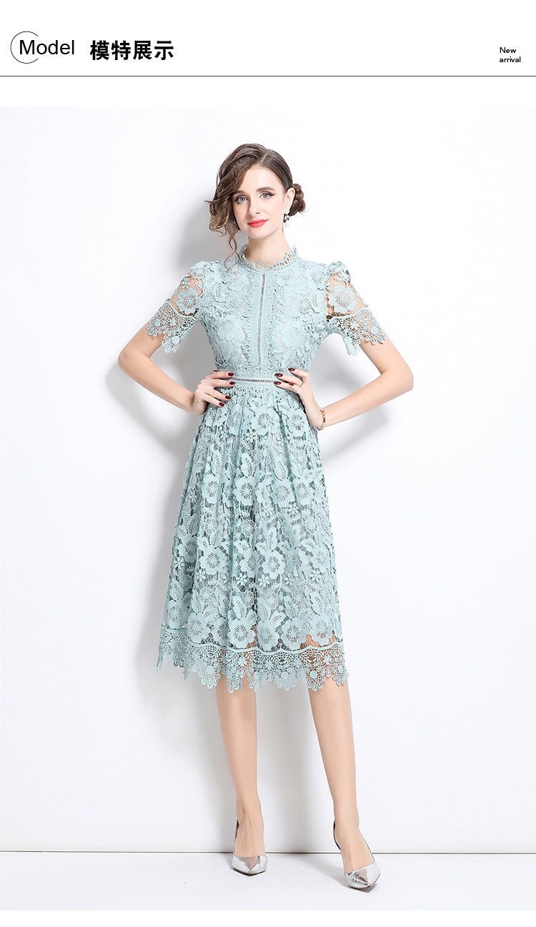 Original design short sleeved slimming hollow out water-soluble lace positioning mid length dress