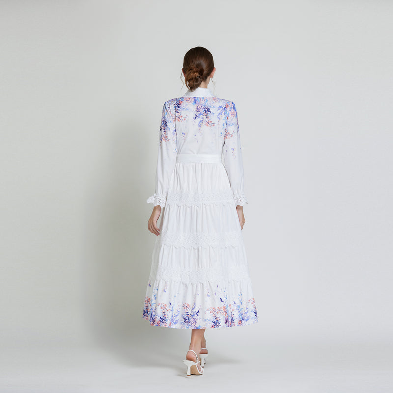 Original design fashionable bohemian lapel lace border lantern sleeves cinched waist long printed dress