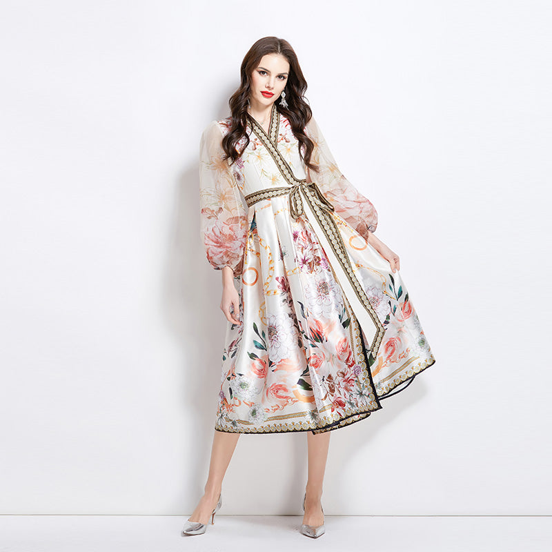 Original design for spring and summer V-neck ethnic style printed satin wrapped long length dress