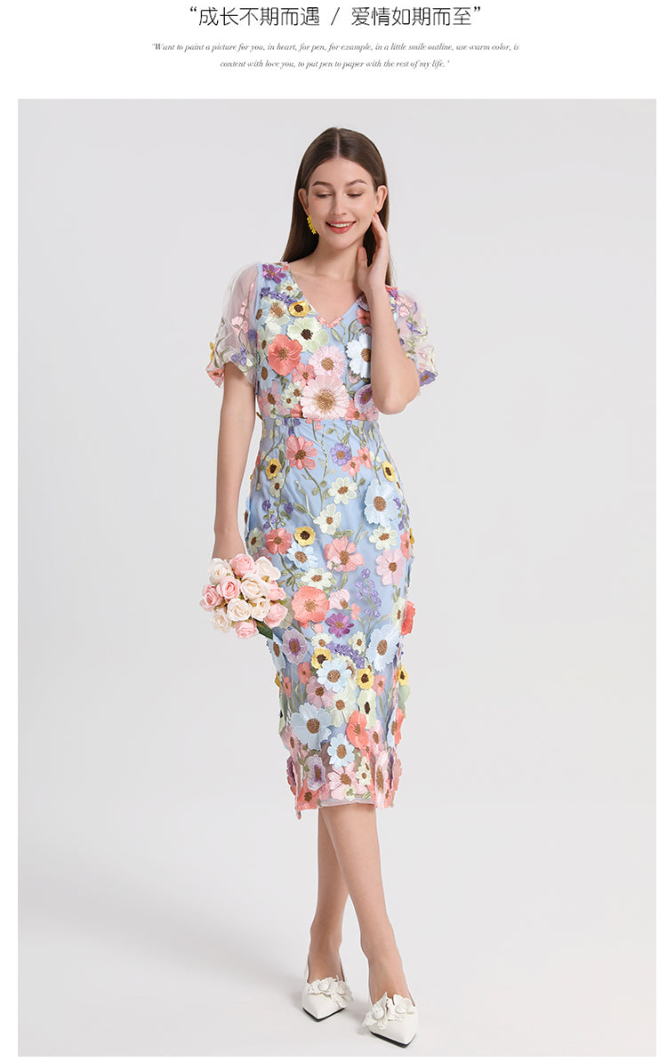 Art embroidery boutique color hand-ordered vintage V-neck slit wrap hip dress