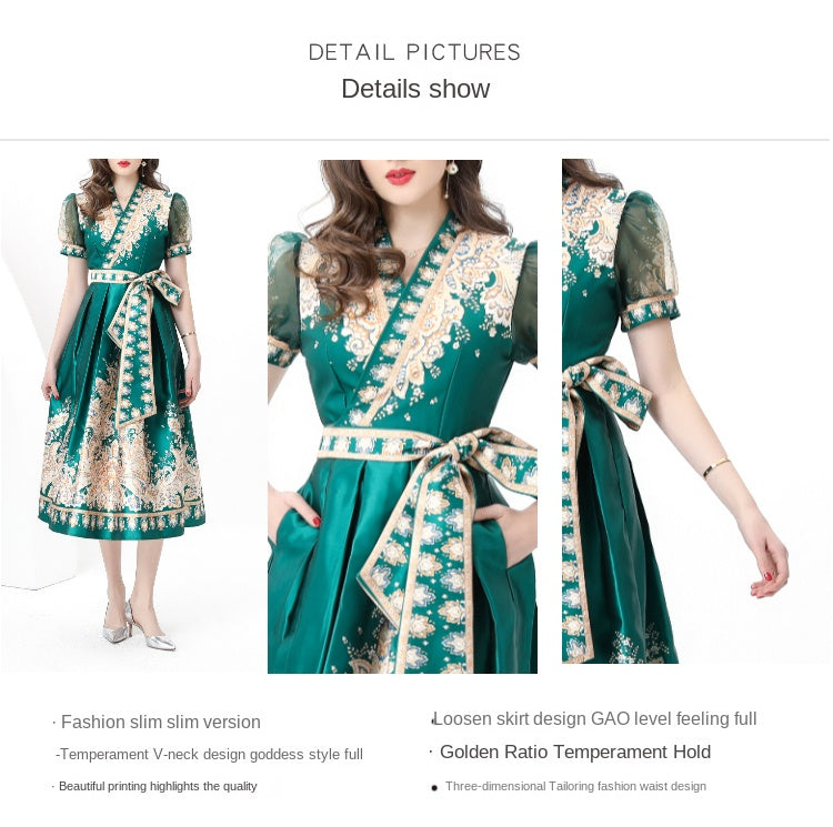 original design Spring/summer wrap tie style V-neck balloon sleeve long vintage print dress