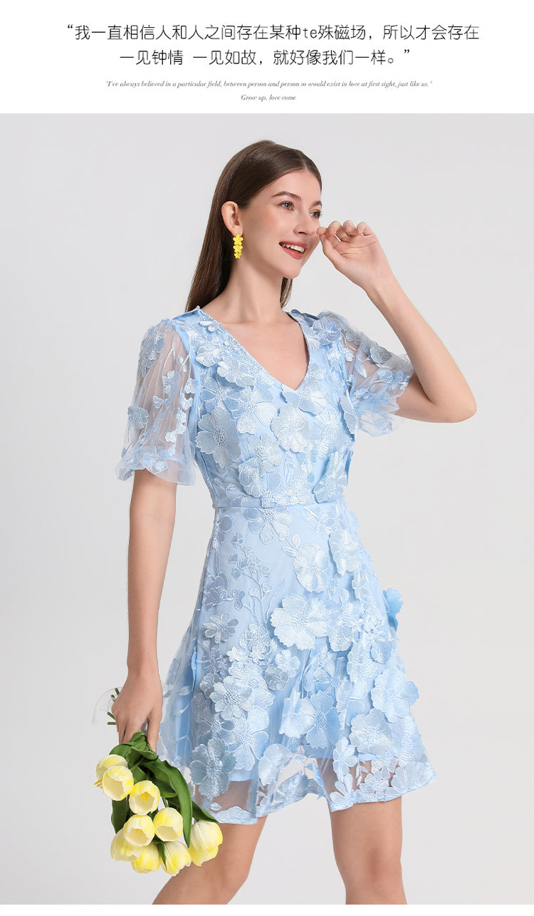Artwork boutique handmade three-dimensional embroidered French solid color hem VL neck puff sleeve dress
