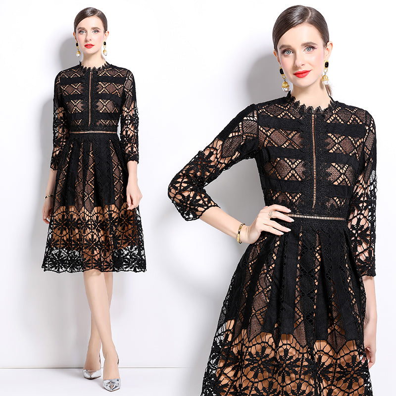 Original design mid long sleeved slimming hollow out water-soluble lace positioning printed mid length dress for spring, summer, autumn vacation