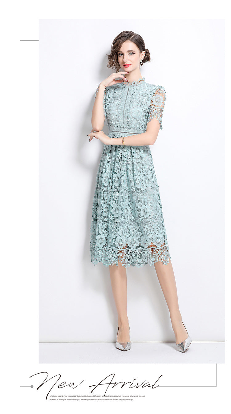 Original design short sleeved slimming hollow out water-soluble lace positioning mid length dress