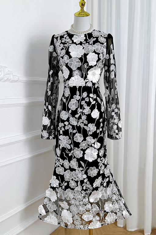 Original Design Heavy Industry Boutique Color Embroidered Handmade Three Dimensional Flower Slimming Fishtail Skirt Temperament Dress