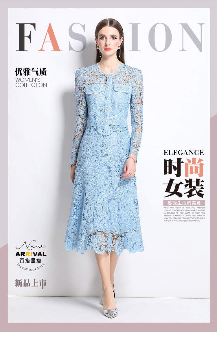 Original design for spring and summer small fragrance style set light luxury and high-end water-soluble lace skirt two-piece set