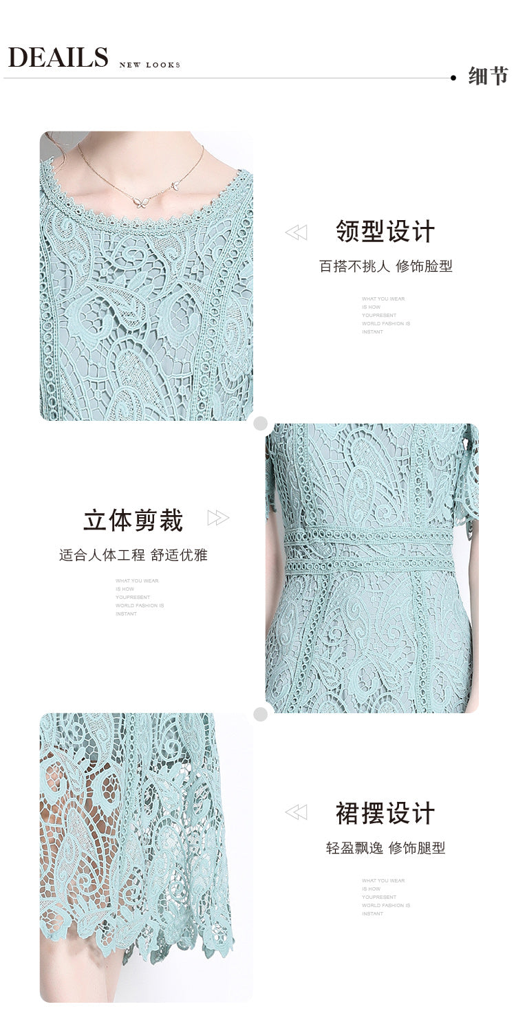 Original design temperament short sleeved skirt slim fit waist cinching heavy industry water-soluble lace dress for women