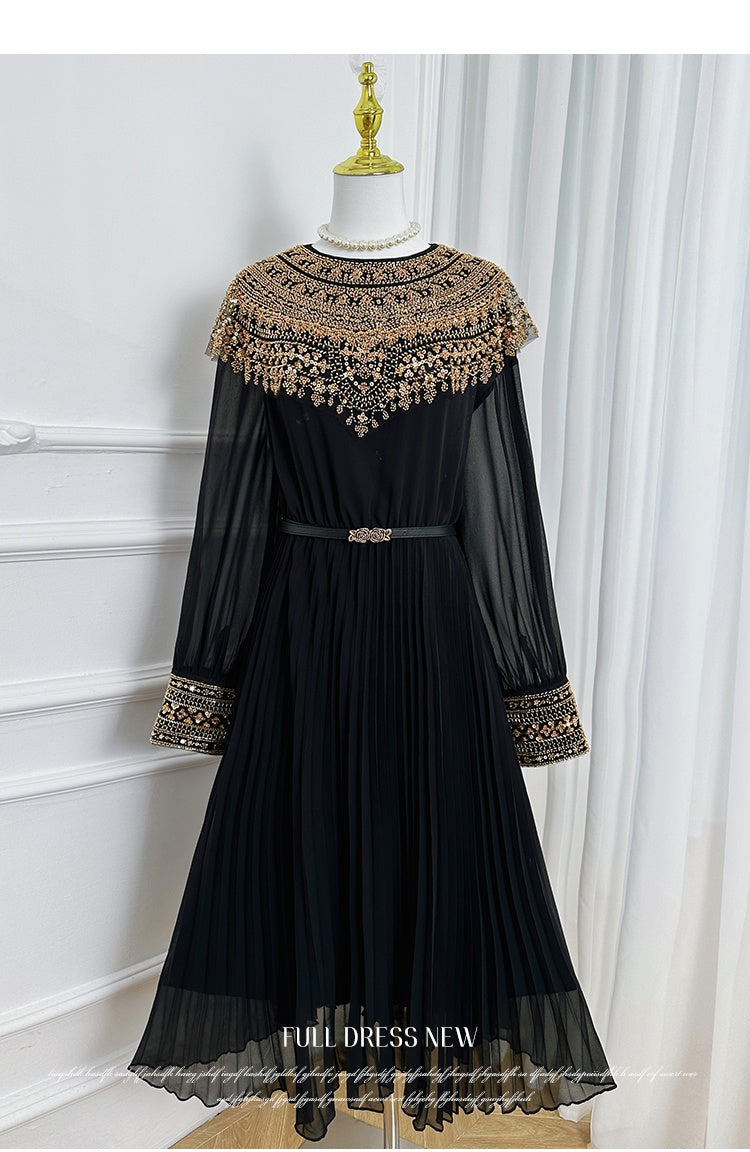 Original design premium pleated belt with gold beaded sequins draped over a chiffon pleated jumpsuit