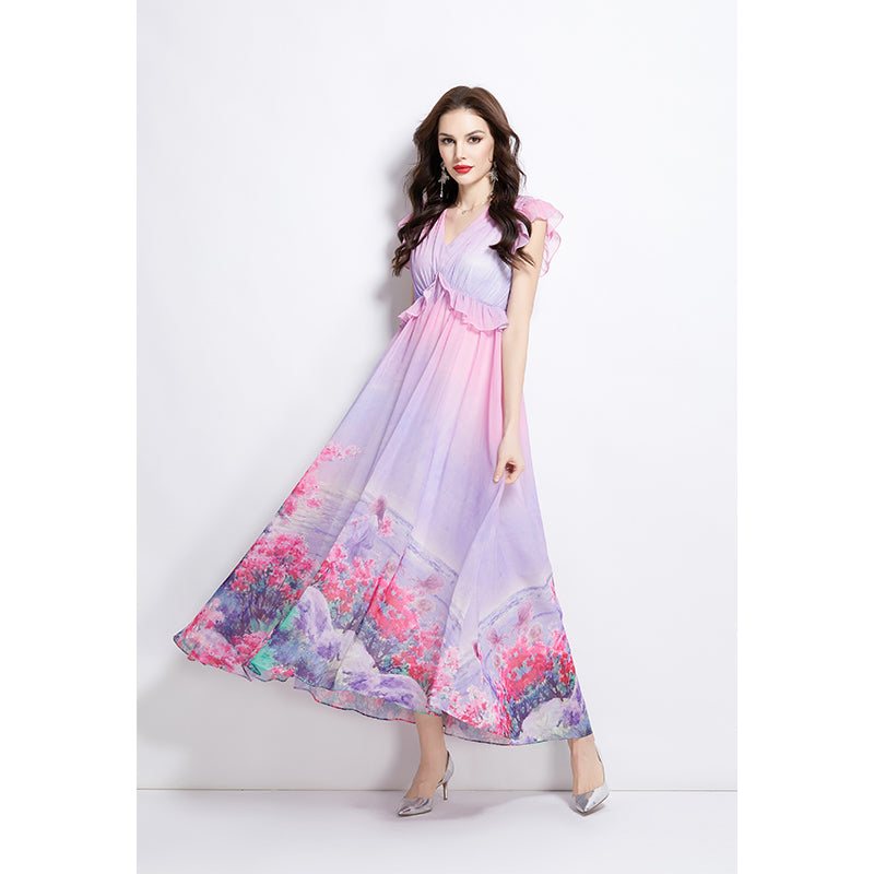 Original Design Spring/Summer Retro Flower Little Fly Sleeve Long Dress