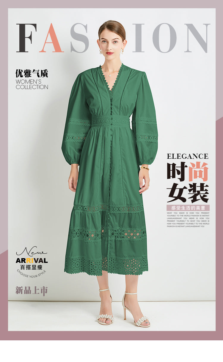 Original design fashionable temperament V-neck patchwork lace hollow out design sense long sleeved waist cinching dress
